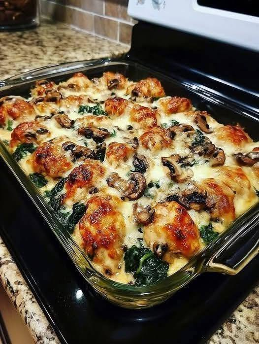 Creamy Spinach & Mushroom Smothered Chicken Bake