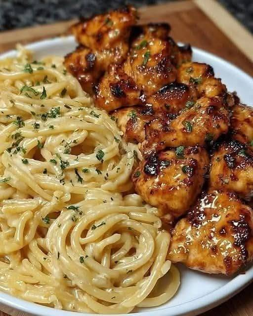 Honey Garlic Chicken Bites with Creamy Garlic Parmesan Pasta