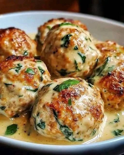 Chicken Ricotta Meatballs with Spinach Alfredo Sauce