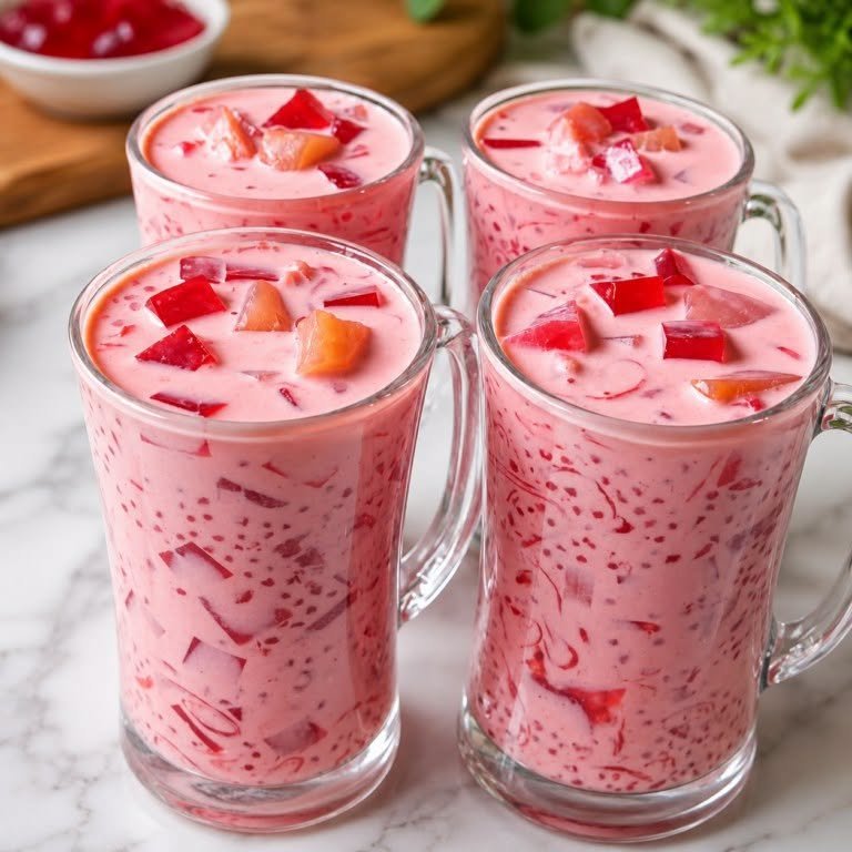 Creamy Strawberry Jelly Sago Drink (Pink Fruit Dessert Drink)