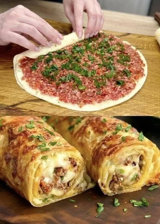 Cheesy Beef Stuffed Puff Pastry Roll