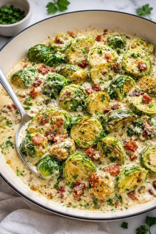 Creamy Garlic Parmesan Brussels Sprouts with Bacon