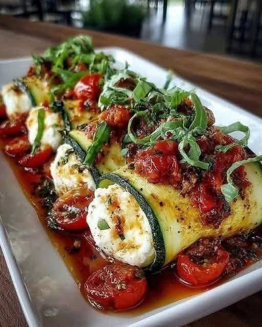 Stuffed Zucchini Roll-Ups with Ricotta, Mozzarella & Tomato Basil Sauce
