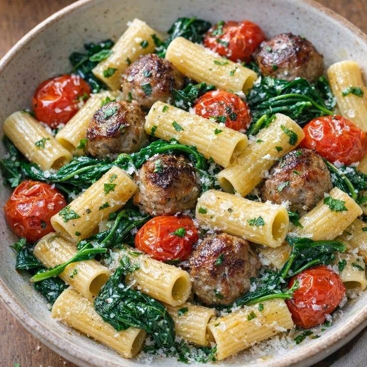 Rigatoni with Meatballs, Spinach & Roasted Tomatoes