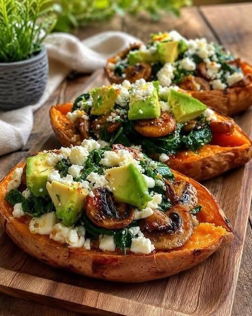 Loaded Sweet Potato with Spinach, Mushrooms & Avocado