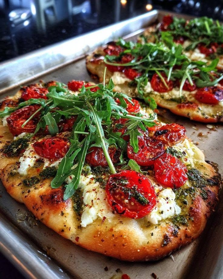 Pesto Burrata Flatbread with Roasted Tomatoes & Arugula