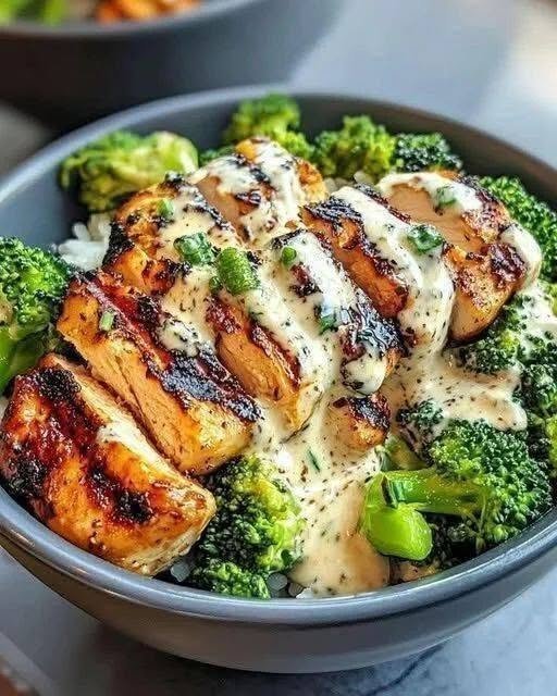 Grilled Chicken & Broccoli Rice Bowl with Creamy Garlic Parmesan Sauce
