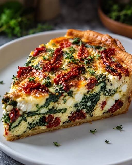 Spinach, Sun-Dried Tomato & Feta Crustless Quiche
