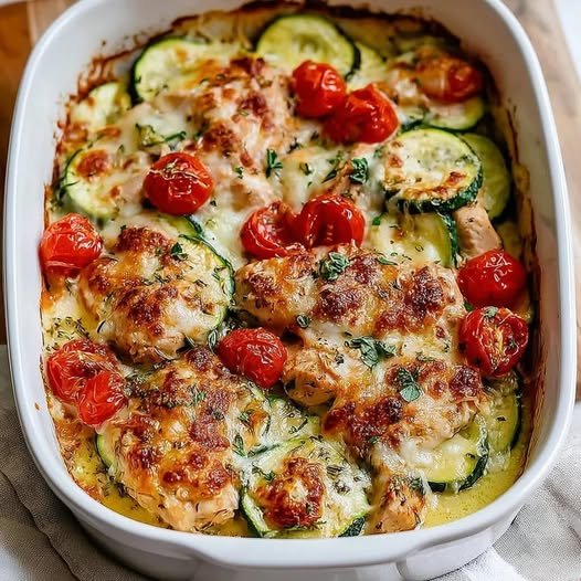 Baked Garlic Parmesan Chicken with Zucchini & Cherry Tomatoes