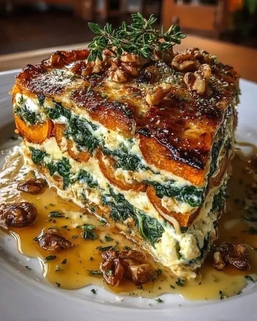 Layered Sweet Potato, Spinach & Ricotta Lasagna with Walnuts & Raspberry Honey Sauce