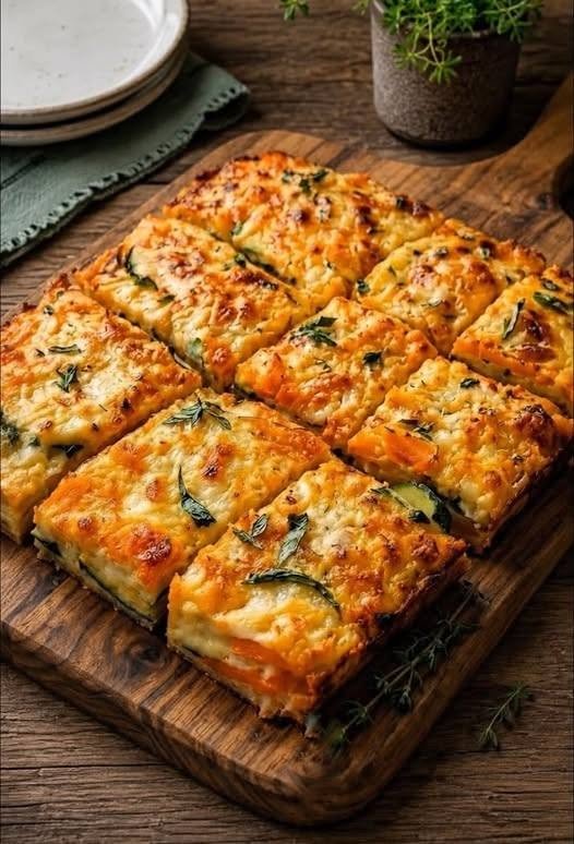 Cheesy Zucchini & Sweet Potato Slice (Savory Bake)
