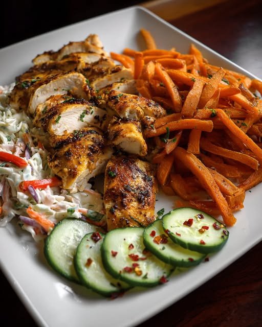 Herb Grilled Chicken with Sweet Potato Fries & Homemade Coleslaw