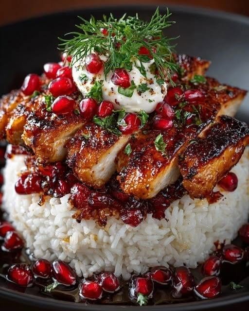 Honey-Glazed Chicken Stack with Burrata, Cranberry Rice & Pomegranate Jewels
