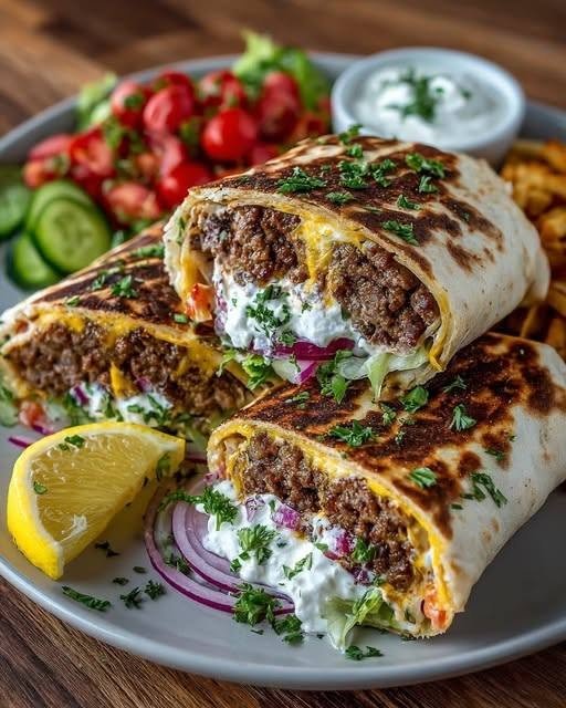 Loaded Mediterranean Ground Beef Wrap with Lemon Garlic Whipped Feta