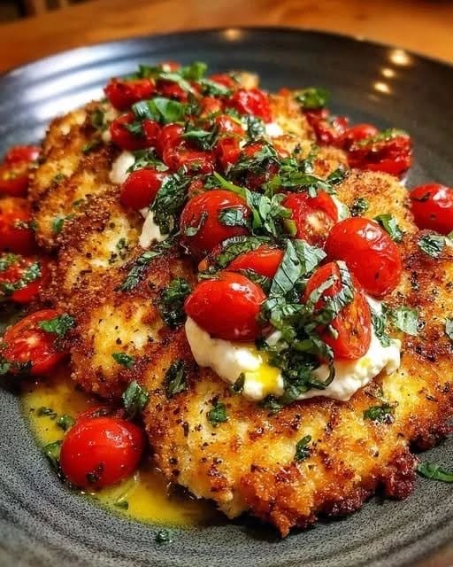 Golden Chicken Cutlets with Whipped Feta, Blistered Tomatoes & Lemon Basil Drizzle