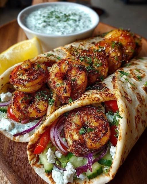 Greek Shrimp Wraps with Garlic Yogurt Sauce