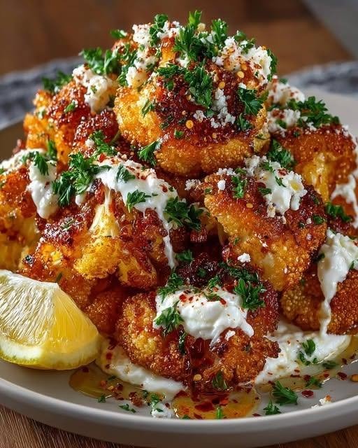 Hot Honey Crispy Cauliflower Bites with Whipped Feta and Lemon Garlic Yogurt