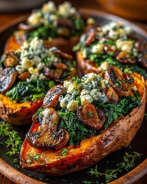 Mediterranean Loaded Sweet Potatoes with Garlic Spinach, Mushrooms & Feta