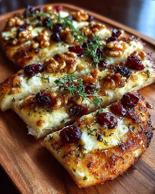 Crispy Flatbread with Brie, Cranberries & Toasted Walnuts with a Hot Honey
