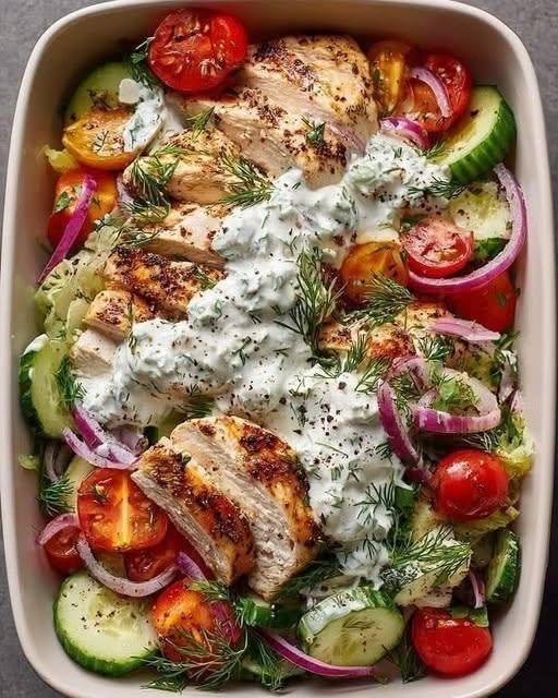 Grilled Chicken Cucumber Tomato Salad with Creamy Dill Yogurt Dressing