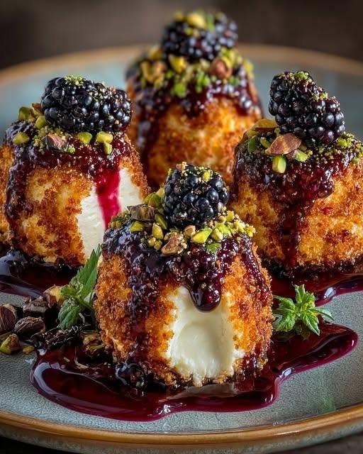 Feta Cheese Bites with Pistachio Crunch & Warm Blackberry Honey