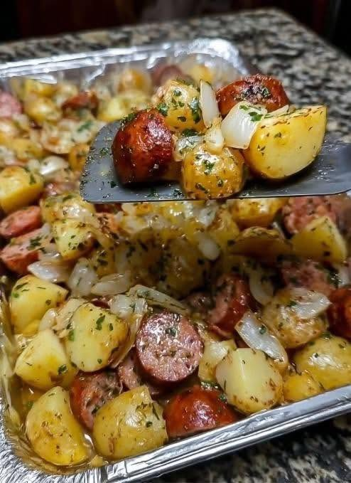 Garlic Butter Sausage & Baby Potatoes Bake