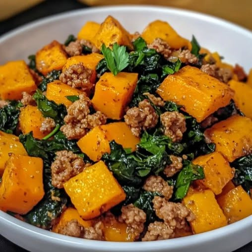 Ground Beef, Roasted Butternut Squash & Spinach Skillet