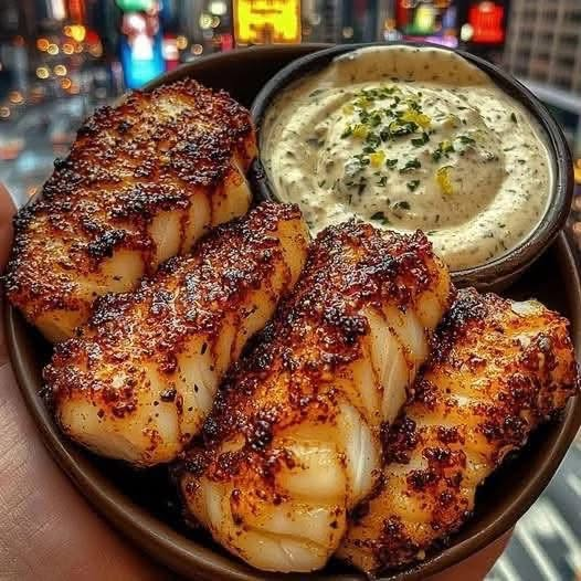 Blackened Garlic Butter Cod Bites with Creamy Herb Sauce
