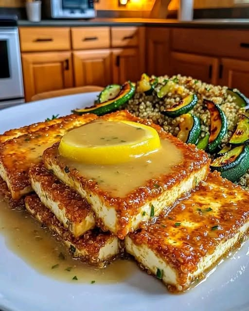 Crispy Lemon Butter Halloumi with Herbed Couscous & Sautéed Zucchini
