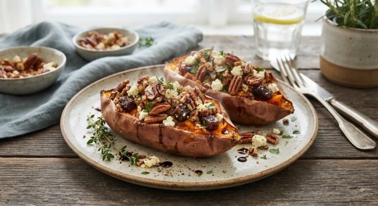 Sweet Potato Boats with Pecan, Feta & Date Crumble