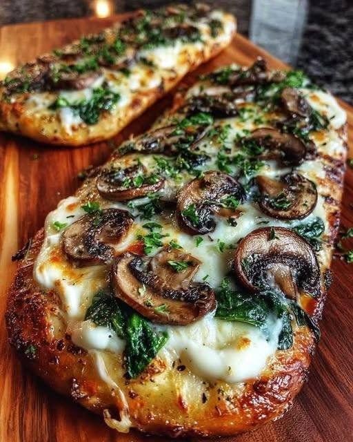 Spinach, Mushroom & Brie Flatbread with Garlic Cream