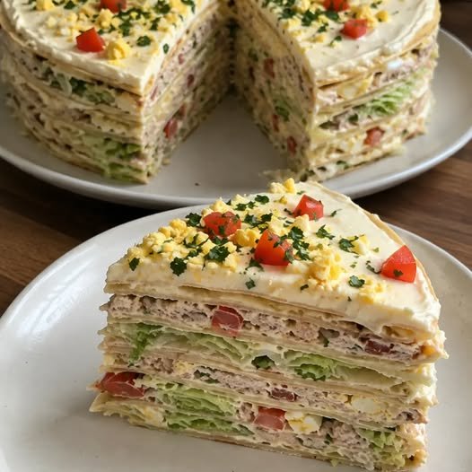 Savory Pancake Tower with Tuna, Egg, and Vegetables