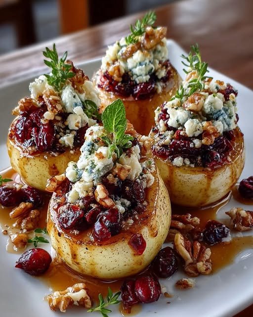 Baked Pears with Cranberries, Honey, Walnuts & Blue Cheese