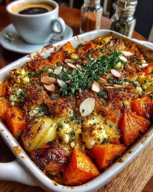 Carrot, Pumpkin & Sweet Potato Casserole with Feta Crumble, Almonds & Warm Maple Cranberry Sauce