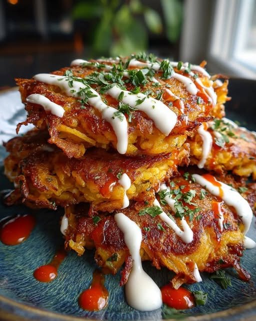 Sweet Potato Fritters with Garlic Cream and Sriracha Honey