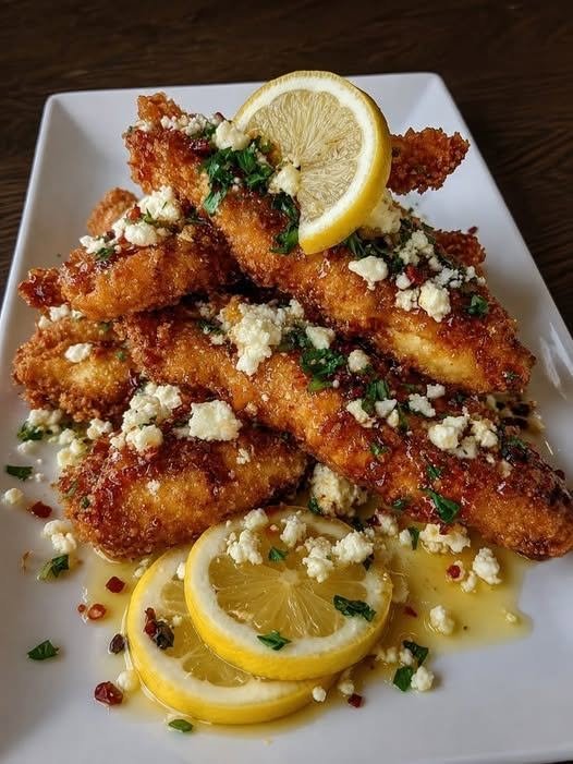 Crispy Hot Honey Lemon Feta Chicken Tenders